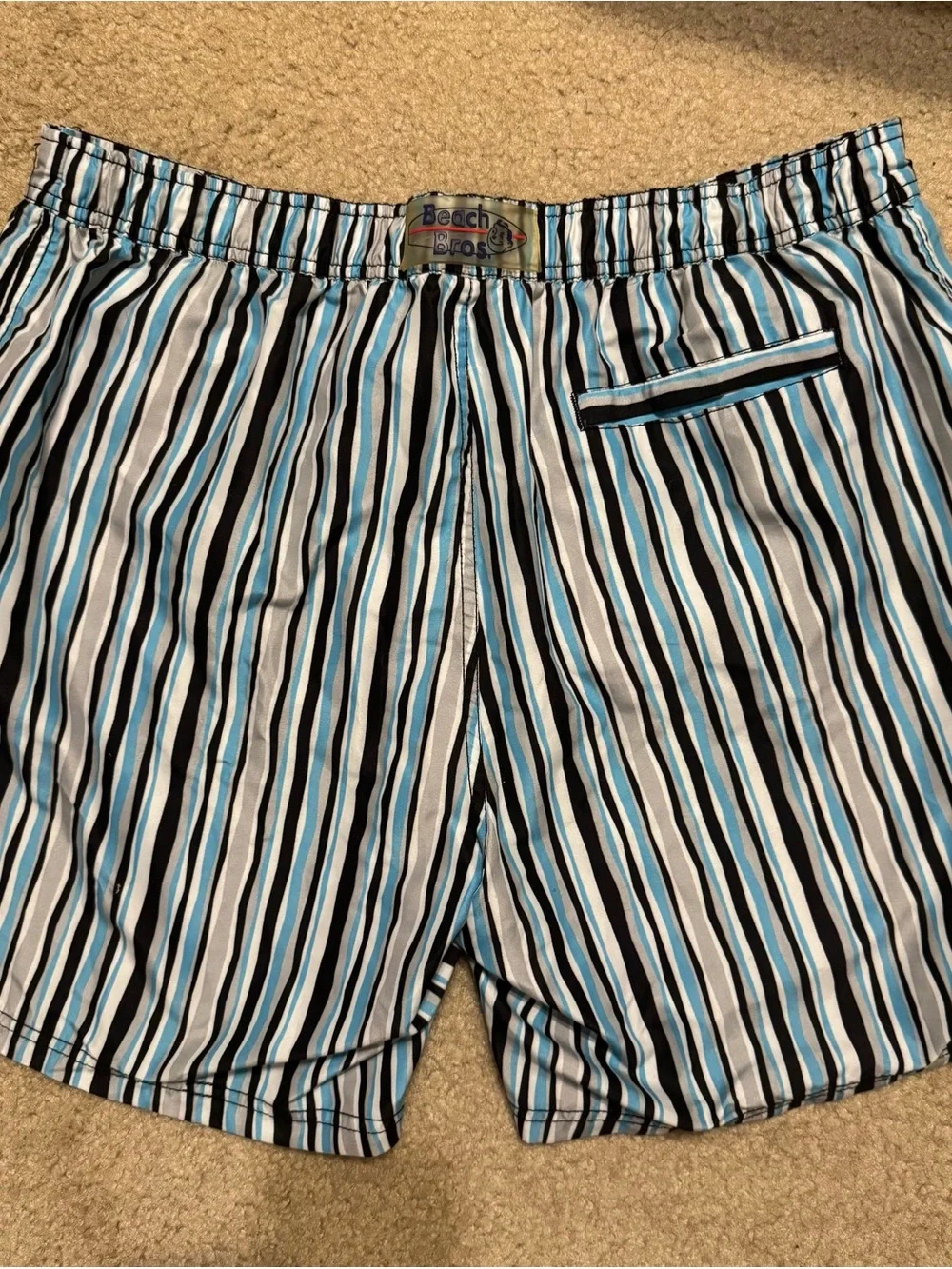 Men's Striped Blue Black White Swim Trunks with Drawstring